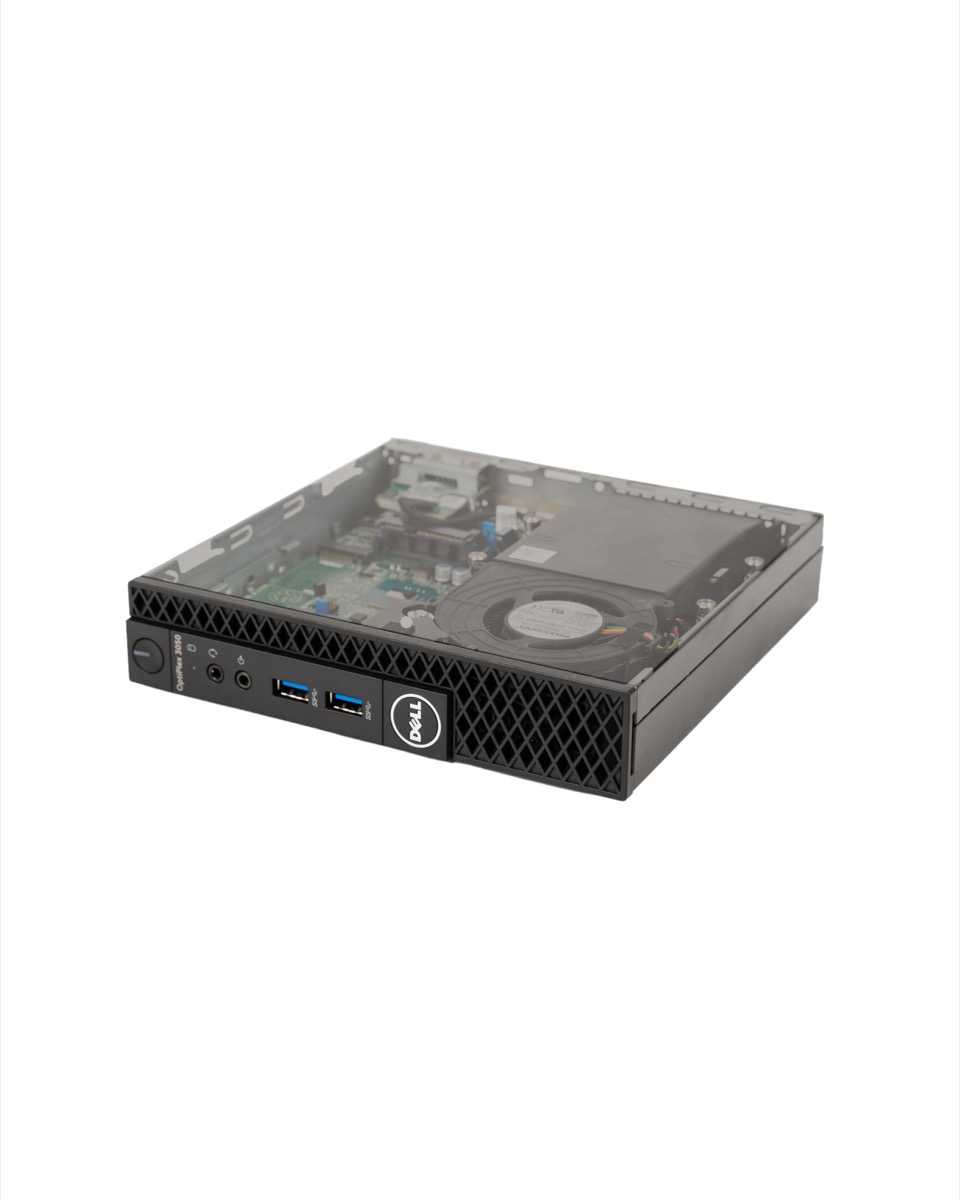 Professional product photography of a Dell Optiplex desktop, frontal view